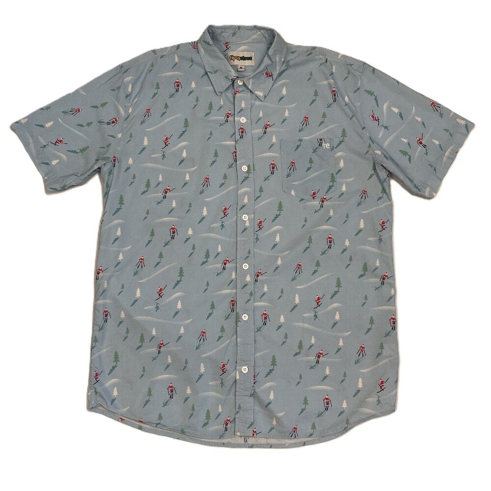 Tipsy Elves Shirt Men's XXL Short Sleeve Button Up Santa Ski Tree All Over Print